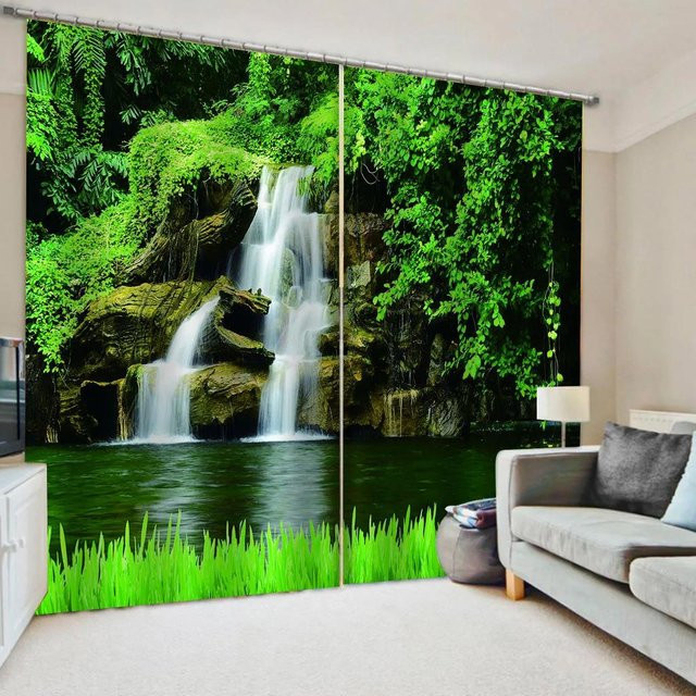 Yiran Furniture Vorhänge mit Naturlandschaft Wald und Wasserfall, 2er-Set, Grün, Breite: 65 cm, Höhe: 60 cm - Bild 1