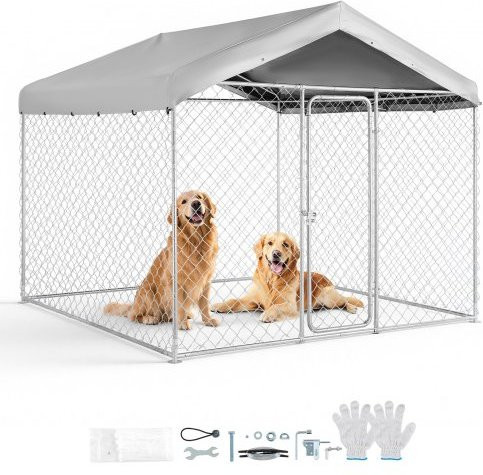 VEVOR Outdoor Hundehütte mit wetterfestem Dach, großer Hundezwinger aus Metall und PE-Plane, Farbe Silber/Grau, B/T/H: 230 x 230 x 215 cm - Bild 1