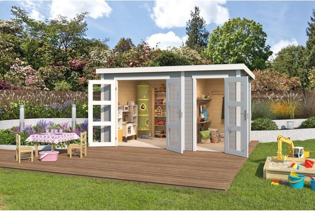 Lasita Gartenhaus Zambezi XL aus Holz mit Flachdach in Lichtgrau, B/H/T: 380 x 210,9 x 240 cm - Bild 1