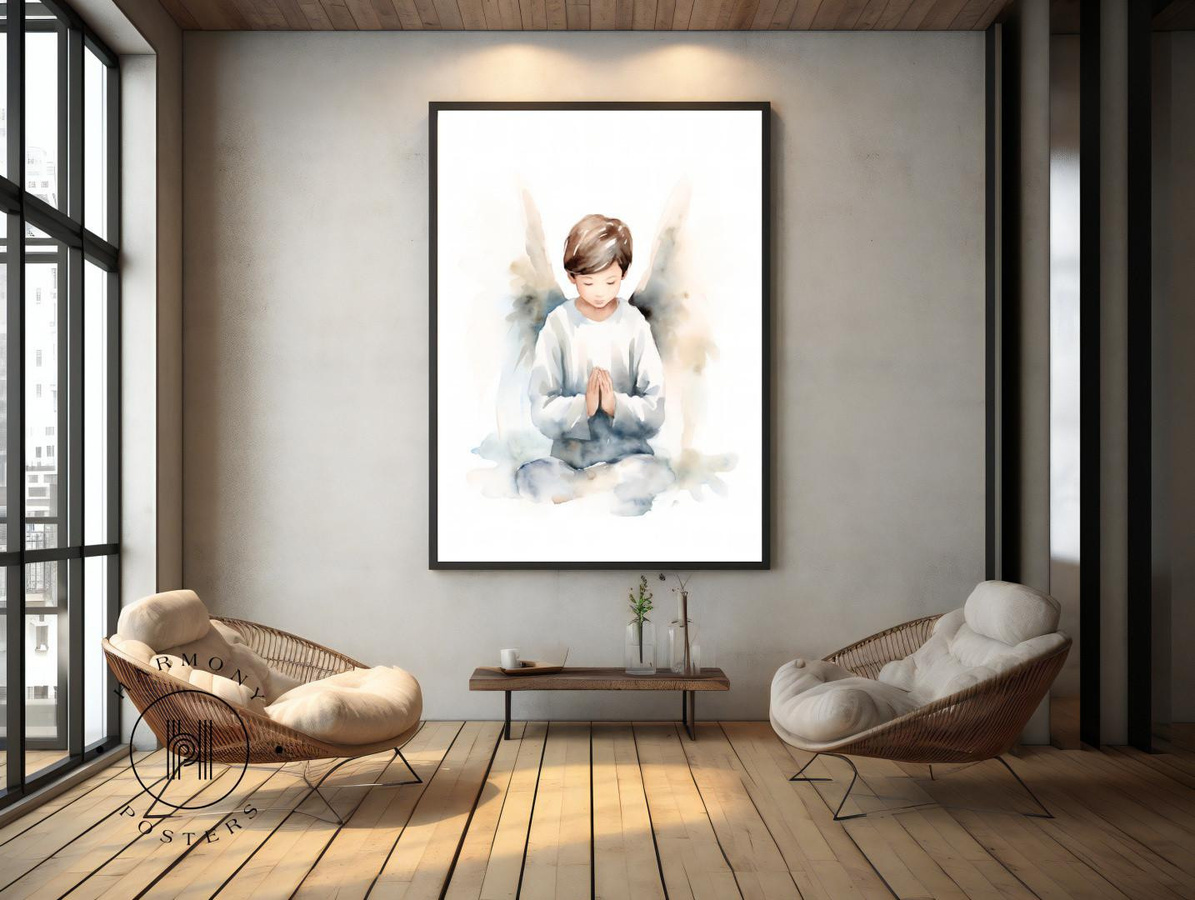 Engelsgebet des Jungen Wandbild mit Holzrahmen Helle Eiche, B/H: 50 x 70 cm - Bild 3