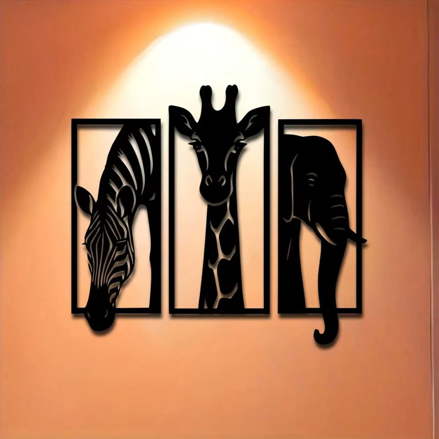 CIFBUY Metall-Wandkunst 3-teiliges Set Elefant Giraffe Zebra in Schwarz zur Wandmontage für moderne Heimdekoration - Bild 3