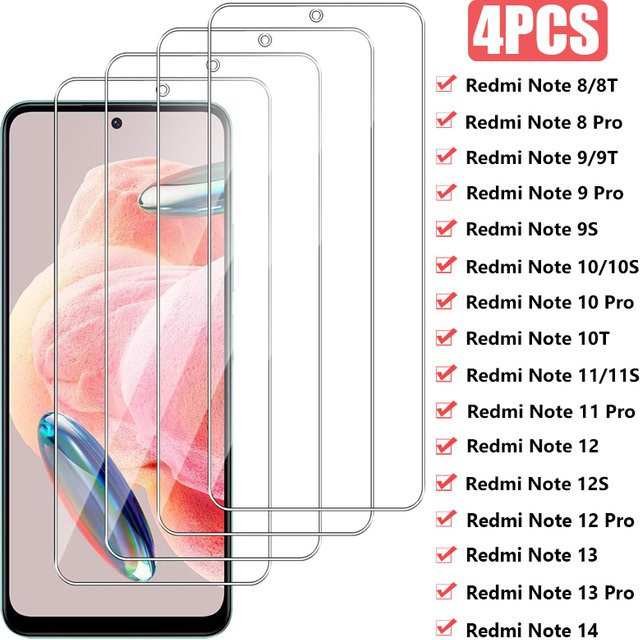 4er-Pack Panzerglas Displayschutzfolie für Xiaomi Redmi Note 8 9 10 Pro 8T 9T 9S 10S 11 12 13 14 Pro 5G transparent - Bild 1