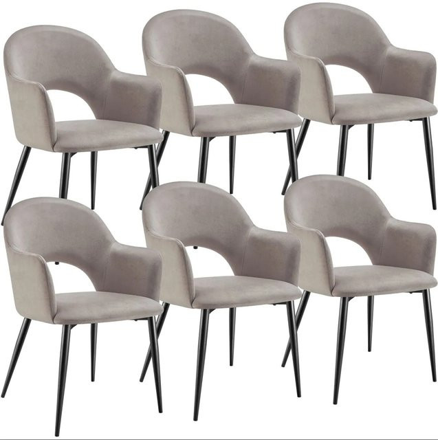 tectake Armlehnstühle Sachel Set aus 6 Stück in Samtoptik, gepolstert, Taupe, B/T/H: 57 x 61,5 x 87,5 cm - Bild 1