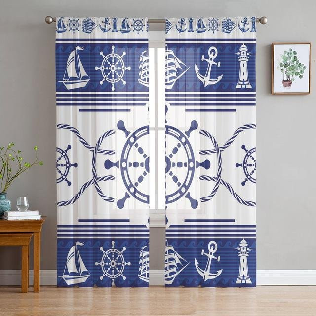 Transparente Tüllvorhänge von A Family Of Home Textiles mit Meer, Strand, Leuchtturm, Seestern und Möwe Motiv in Weiß, Breite: 135 cm, Höhe: 114 cm - Bild 1