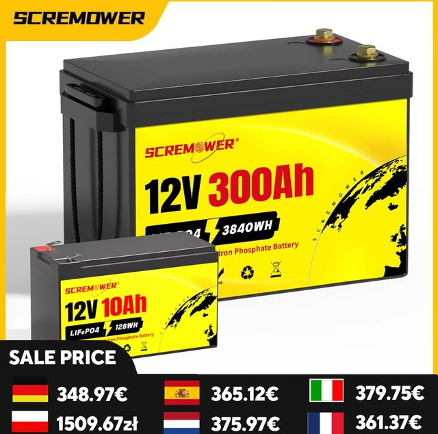 Scream Power LiFePO4-Akku 12,8 V 300 Ah, wiederaufladbarer Lithium-Eisenphosphat-Akku mit 200 A BMS in Schwarz - Bild 1