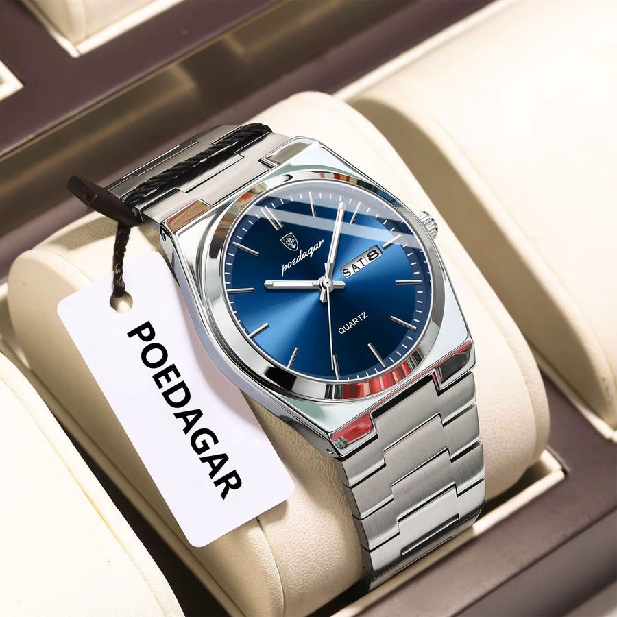 POEDAGAR Armbanduhr Quarz, Edelstahl, Blau, Herren - Bild 2