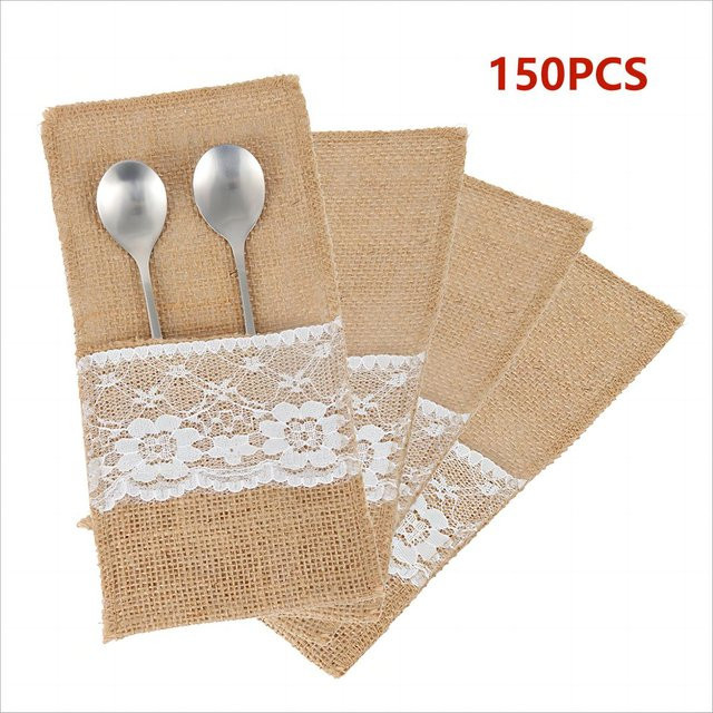 Besteckbeutel aus Jute und Leinen in Beige und Gelb für deine Hochzeitsdekoration - Bild 1