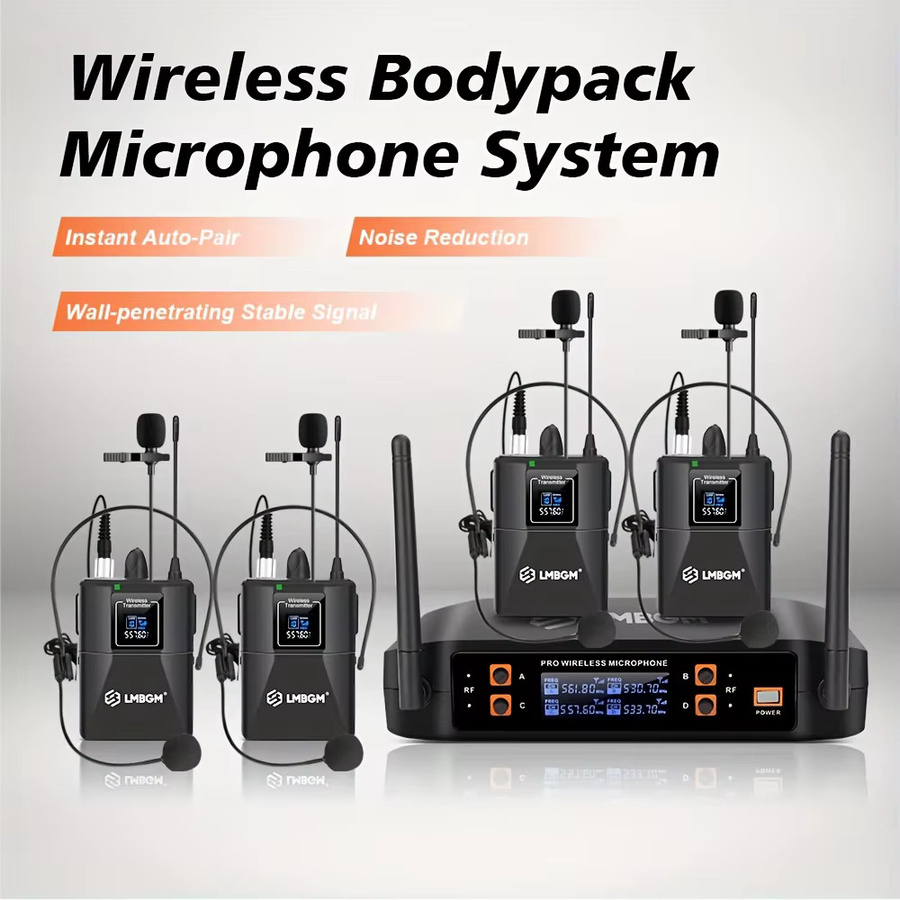 LMBGM Drahtloses 4-Kanal Mikrofonsystem mit Lavalier- und Headset-Mikrofonen in Schwarz, UHF Dualband-Wireless-Set - Bild 2