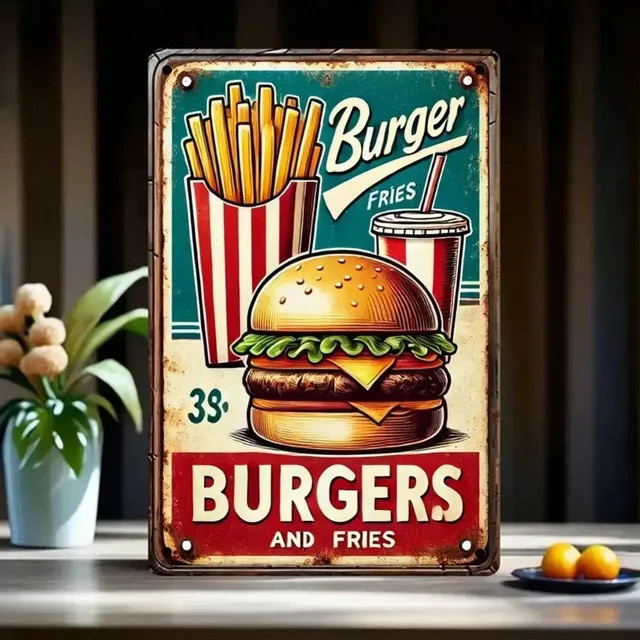 CIFbuy Vintage Burger Metallschild als Wandkunst für Café und Bar, mehrfarbig, rechteckig - Bild 1