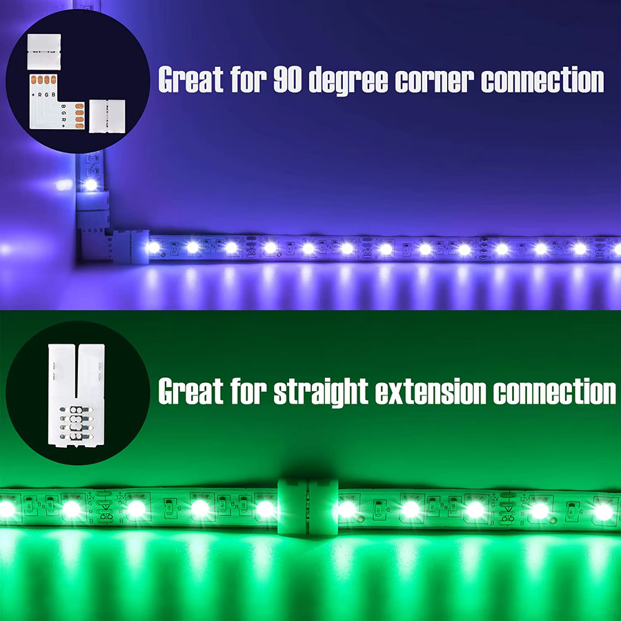 Lötfreie LED Streifen Verbinder Set für RGB und RGBIC LED-Bänder mit 3 und 4 Pin Optionen sowie L- und T-förmigen Eckverbindern für 10 mm Breite, passend für WS2812 und WS2811 SMD LED-Streifen - Bild 2