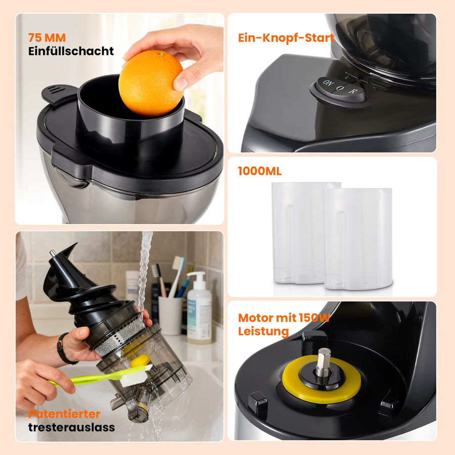 Aiorber Slow Juicer Kaltentsafter für Obst und Gemüse mit 150W und 75mm Einfüllschacht, BPA-frei - Bild 4