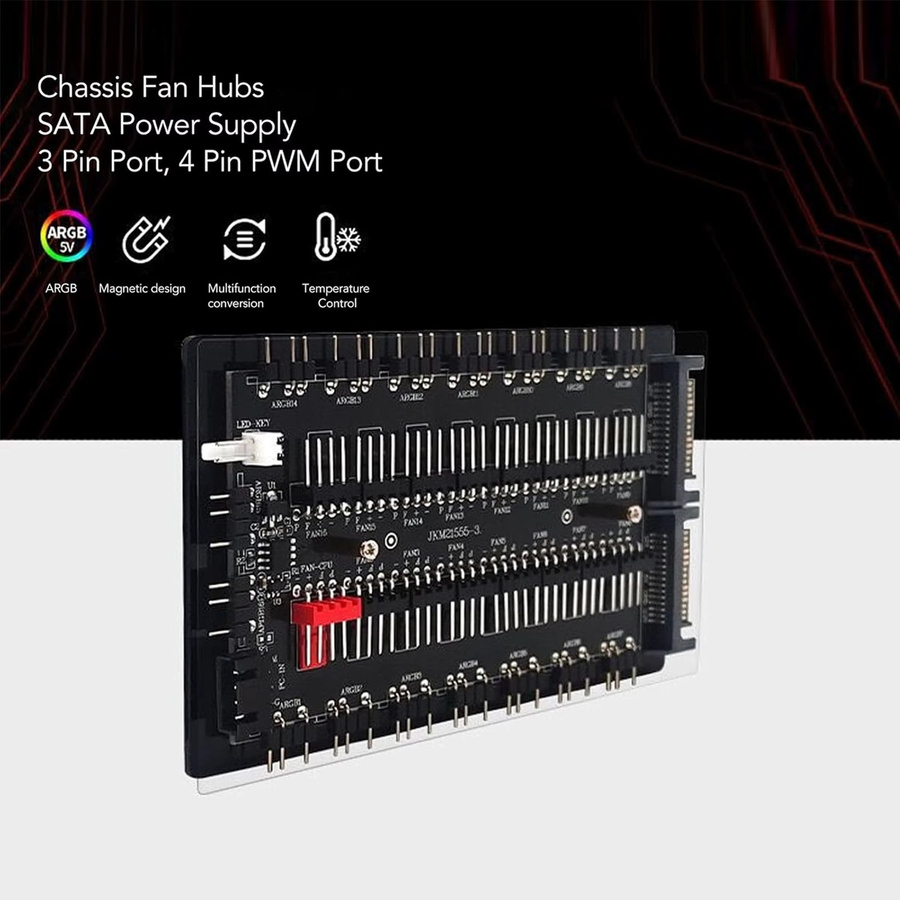 AuyiHomu Dual 16-Port Lüfter-Hub mit ARGB PWM und SATA-Stromversorgung, Schwarz - Bild 3