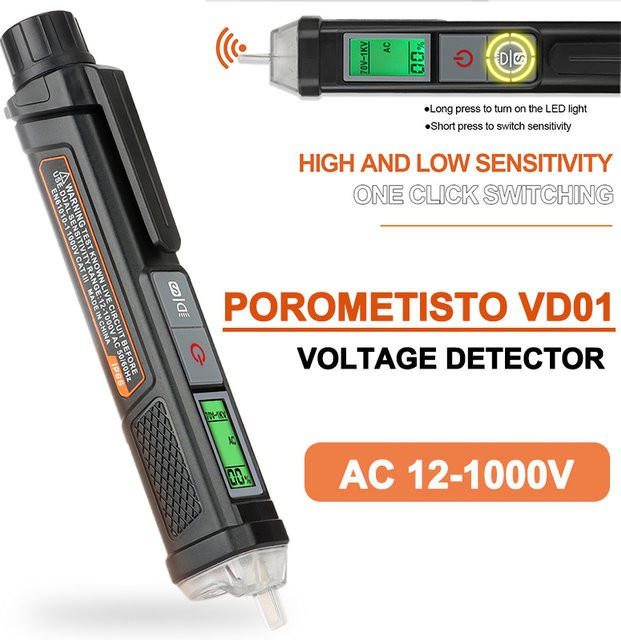 TELEHILL Spannungsdetektor, intelligenter berührungsloser Spannungsprüferstift für 12–1000 V, wasserdichter elektrischer Sensor in Schwarz - Bild 1