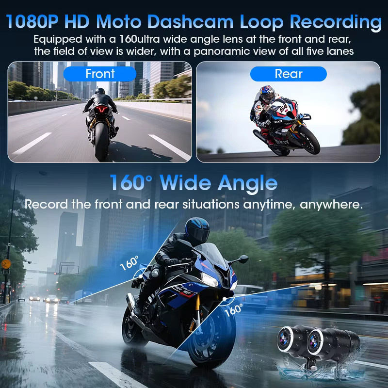 JMCQ Motorrad Dash Cam mit WiFi und wasserdichter Video Recorder in Black - Bild 3
