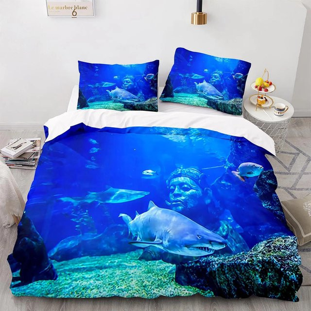 Binchi Fitness Bettwäscheset Blaues Meer mit 3D-Druck Meerestieren Delfinen und Haien aus Mikrofaser B/B: 240 x 220 cm - Bild 1