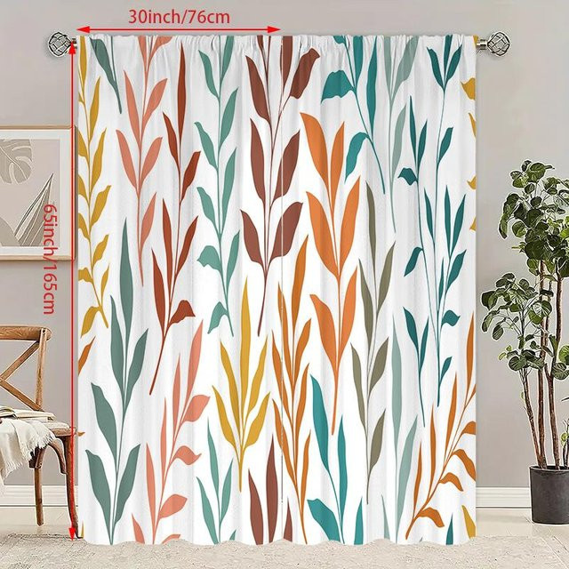 2er-Set halbtransparente Vorhänge mit buntem Blätterdruck von Household supplies MH, Farbe: Weiß/Mehrfarbig, Material: 100% Polyester, Breite: 60 cm, Höhe: 150 cm - Bild 1