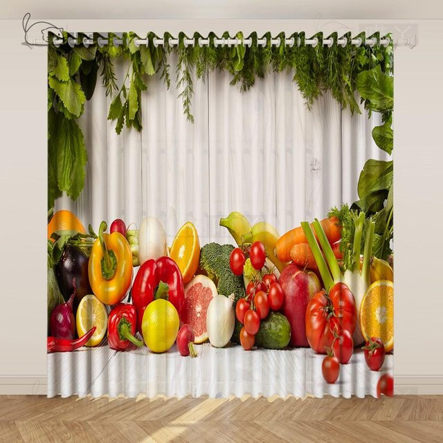 Yiran Furniture Küchengardinen mit Obst- und Gemüsemuster, 2 Paneele, halbtransparent, Polyester, Mehrfarbig, H x B: 130 x 50 cm - Bild 1