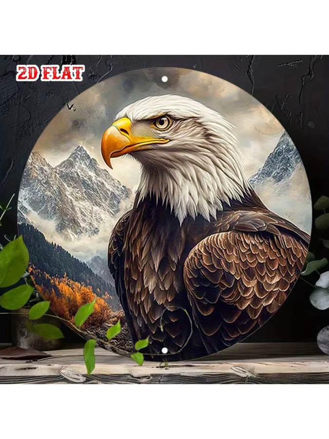 Mountainales Eagle runde Metallwandkunst Weißkopfseeadler im Flug mit Bergen rustikales modernes Dekor - Bild 6