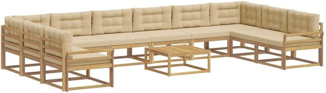 vidaXL Outdoor-Sofagarnitur in U-Form aus massivem Akazienholz mit 11 Kissen in Weiß und Beige - Bild 1