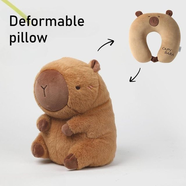 MARKET-2 2 in 1 Cartoon Capybara Plüschkissen, U-förmiges Nackenstützkissen und Wurfkissen aus Polyester, Braun - Bild 1