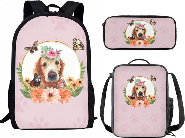 Fancy Style Studio 3er-Set Schulrucksack mit Laptopfach, Lunchtasche und Federmäppchen im Tiger-Blumen-Design in Pink - Bild 1