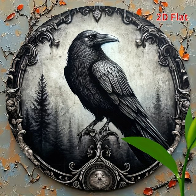 Potdemiel Rundes Metallschild aus Aluminium mit Krähenmotiv in Schwarz, Durchmesser: 20 cm - Bild 1