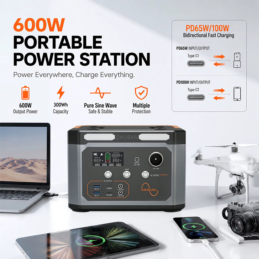 CHUBAN Tragbare Powerstation 300Wh mit 600W Ausgangsleistung und USB-C Anschlüssen für Camping und Outdoor - Bild 5