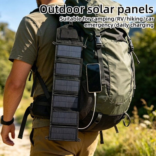 EESBAO Faltbares Solarladegerät Wasserdichtes USB-Solarpanel für Outdoor-Camping in Schwarz - Bild 1