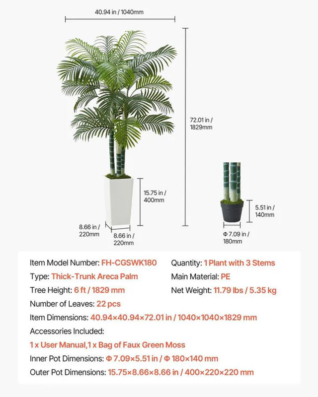 Künstliche Areca-Palme von Buying Solutions, MB in Grün mit weißem Übertopf, Höhe: 182,9 cm, Breite: 104 cm, Tiefe: 104 cm - Bild 7