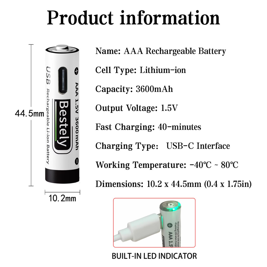 BaKKiter AAA Lithium-Ionen Akku 1,5V mit 3600mAh und USB Typ-C Anschluss, Weiß - Bild 2