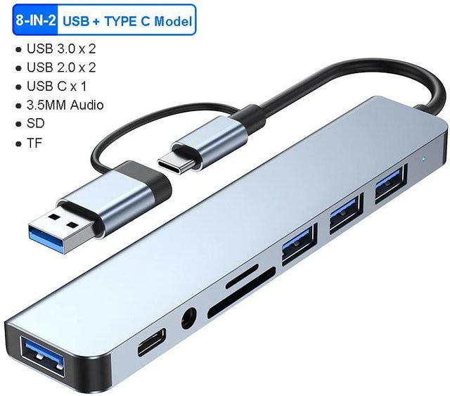 Kebidumei 8-in-2 USB-C-Dockingstation in Silber mit USB 3.0, 2.0, 3,5 mm Audio-Buchse und SD/TF-Kartenleser für Hochgeschwindigkeitsübertragung mit 5 Gbit/s - Bild 1