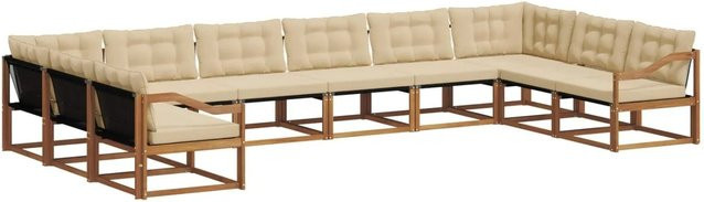 vidaXL Outdoor-Sofagarnitur aus massivem Akazienholz in U-Form, 10-teiliges Set mit Textilene und beige Kissen - Bild 1