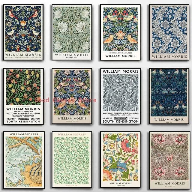 Potdemiel Wandkunst Leinwandbild im Nordic Stil mit floralem William Morris Blumen Blatt und Vogel Motiv - Bild 1