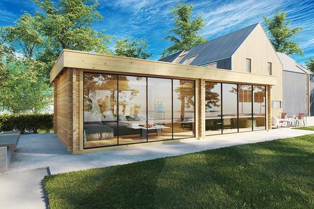 Modernes Gartenhaus Rebeka aus Holz mit komplett zu öffnender Vorderseite, B/T: 8 x 4 m - Bild 1