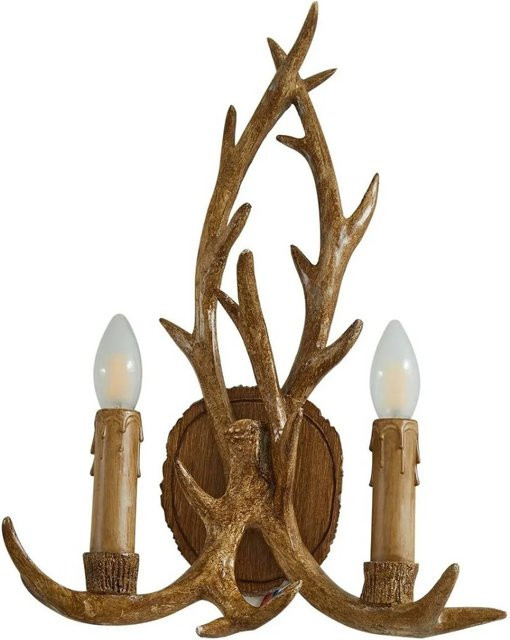 Lindby Wandleuchte Fibi 2-flammig in Braun, Rustikale Geweih-Wandlampe im Vintage-Stil für das Wohnzimmer, E14, B/H/T: 36,0 x 80,0 x 16,8 cm - Bild 1