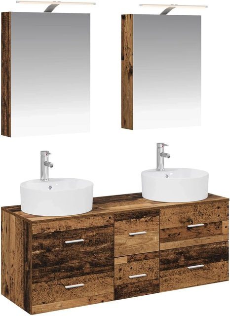 vidaXL Badezimmermöbel-Set 5-teilig aus Altholz und Glas in Braun mit LED-Beleuchtung und Spiegelschrank - Bild 1