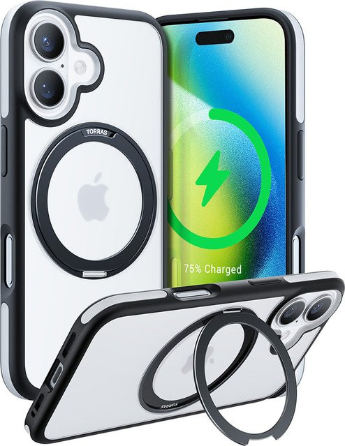 Torras Ostand R Fusion MagSafe Schutzhülle für Apple iPhone 16 Plus, Schwarz/Transparent - Bild 1