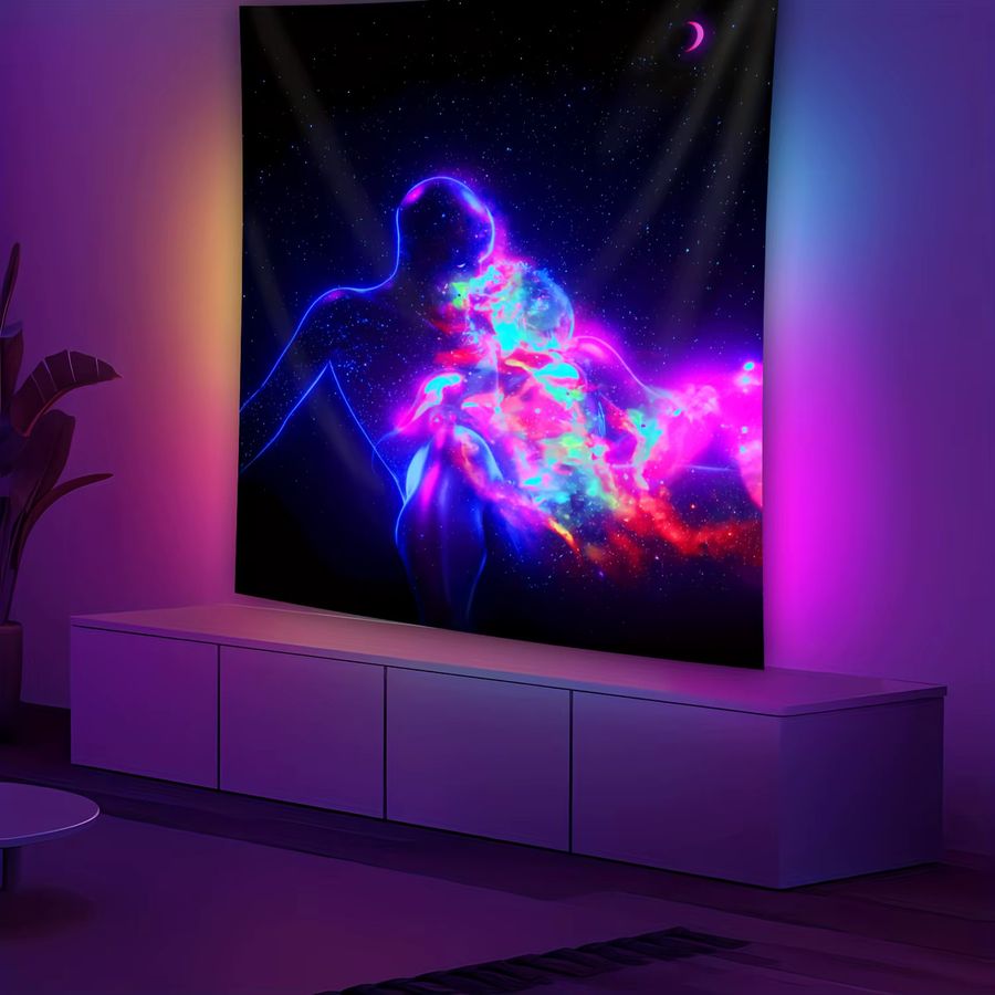 VIKAMA Galaxy Paar Wandteppich mit Halbmond und Sternenhimmel Design für dein Schlafzimmer, Wohnzimmer oder Musikstudio - Bild 2