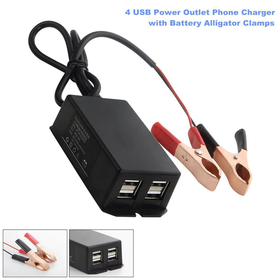 USB Hub Ladestation für Auto und Motorrad mit 4 USB-Ports und Batterieclip, DC Konverter Netzteil für 12V 24V, Schwarz - Bild 3