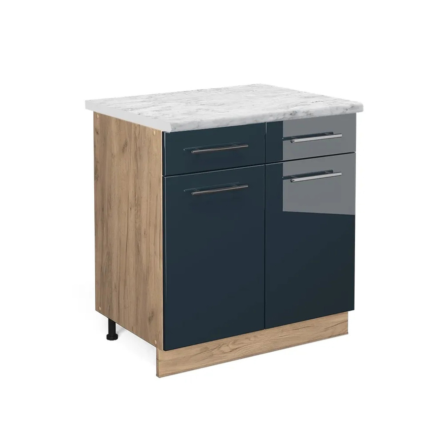 Vicco Küchenunterschrank Fame-Line Dunkelblau Hochglanz und Eiche mit Arbeitsplatte Weiß-Marmor Breite: 80 cm - Bild 2