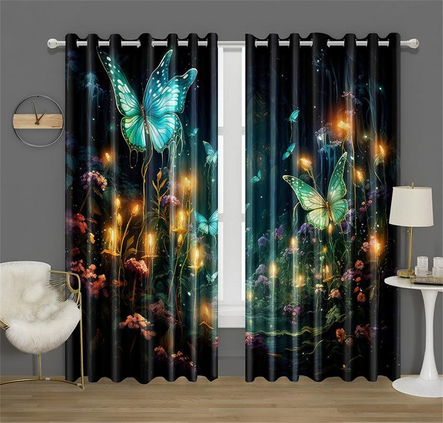 2er-Set dekorative Vorhänge mit floralem Schmetterlingsmuster in Lila und Blau, semi-transparent, Breite: 50 cm, Höhe: 130 cm - Bild 1