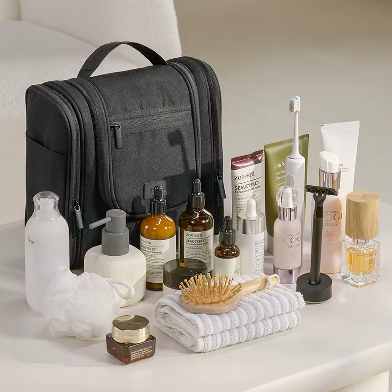 LIJIAO Reise-Toilettentasche aus wasserdichtem Oxford-Stoff mit Haken und Doppelöffnung, Make-up-Aufbewahrungstasche mit Griffen, Beige und Schwarz, Breite: 24,0 cm, Tiefe: 24,0 cm - Bild 2
