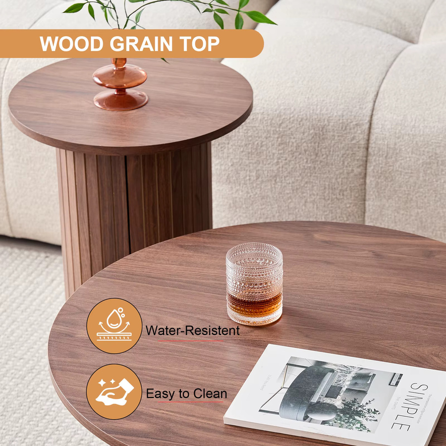 EGOONM 2er-Set runde Couchtische aus Holz im nordischen Stil, braun, ineinander steckbare Couchtische für Wohnzimmer und Schlafzimmer - Bild 2