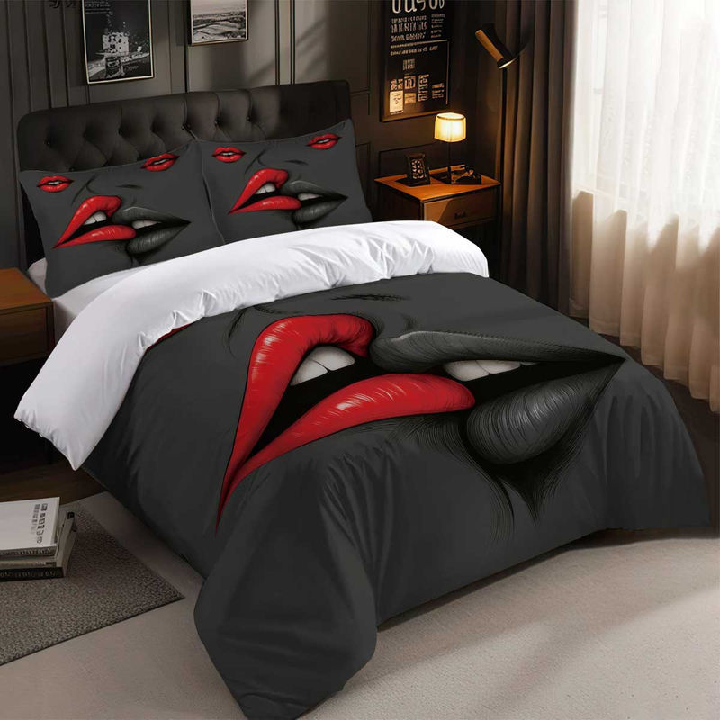 3-teiliges Bettwäscheset JMG Household Supplies mit Lippenmuster in Schwarz, bestehend aus 1 Bettbezug und 2 Kissenbezügen aus Mikrofaser, Breite: 135 cm, Länge: 200 cm - Bild 5