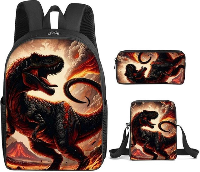 BAOERYE 3er Set Schultaschen mit Rucksack, Umhängetasche und Federmäppchen im Vulkan Dinosaurier Print für Jungen und Mädchen, Mehrfarbig - Bild 1