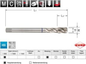 RUKO Maschinengewindebohrer M DIN 376 HSS M 12, Form C / 35° RSP in Silber aus Edelstahl - Bild 1