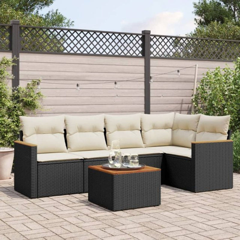 Vidaxl Gartenmöbel-Set aus Polyrattan und Akazie mit Kissen, 6-teilig, Schwarz - Bild 1