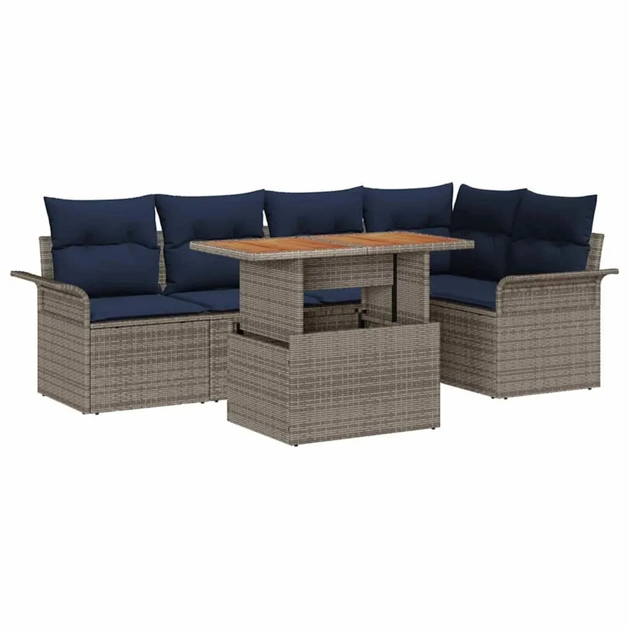 vidaXL Gartensofa-Set aus Poly-Rattan in Grau und Marineblau mit 6 Kissen und Tisch - Bild 2