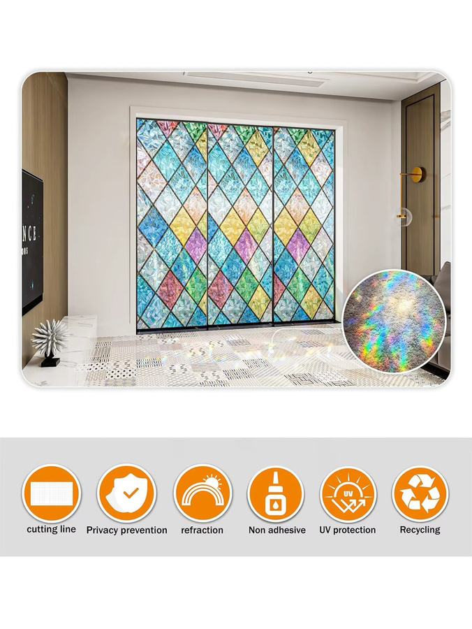 BUNPIG Sichtschutzfolie für Fenster, Regenbogen-Buntglas-Fensterfolie in Multicolour, dekorative geometrische Fensterfolie ohne Klebstoff, wiederverwendbar - Bild 2