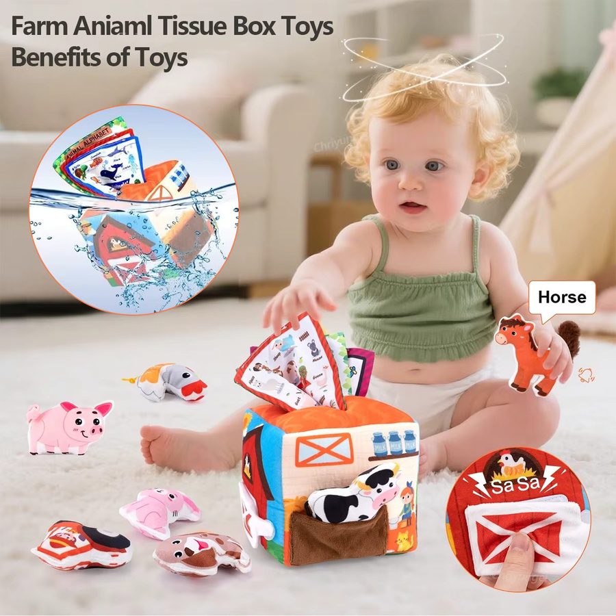 Yunhuisheng Plüsch Baby Tissue Box mit Sound Bauernhof Tiere Montessori Spielzeug für Neugeborene und Kleinkinder, Mehrfarbig - Bild 2